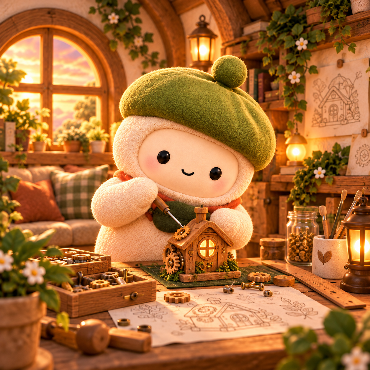 Muse building a small wooden model