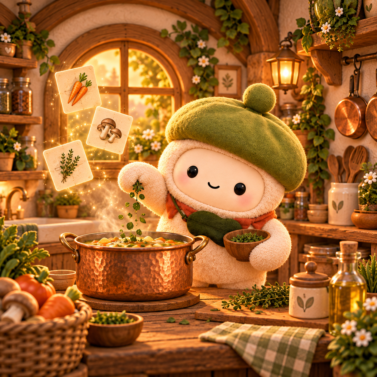 Muse cooking soup in a warm cottage kitchen