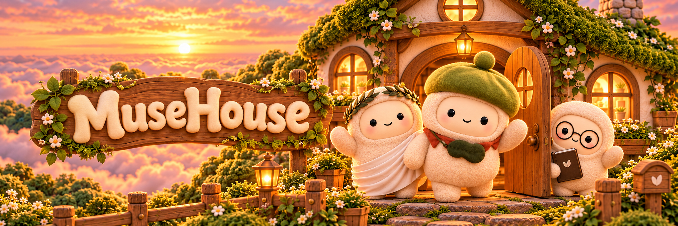 MuseClub cottage and characters at sunset